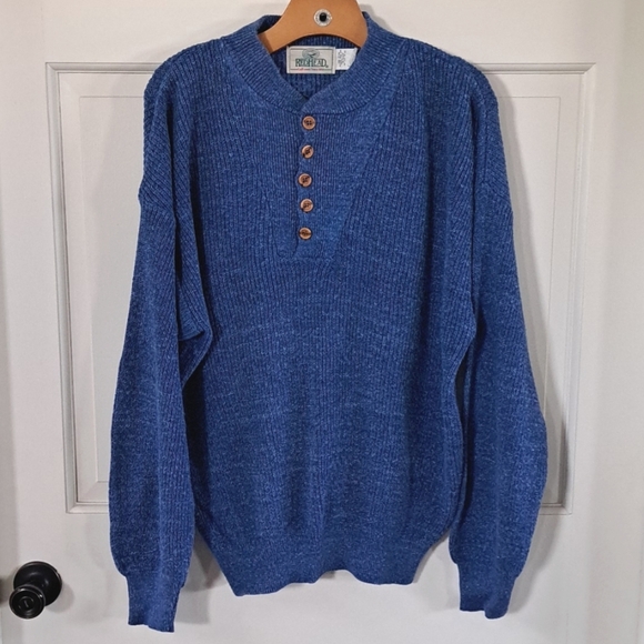 Vintage RedHead Blue 100% Cotton Knit Henley Sweater Made in USA Outdoor Classic - Picture 1 of 10
